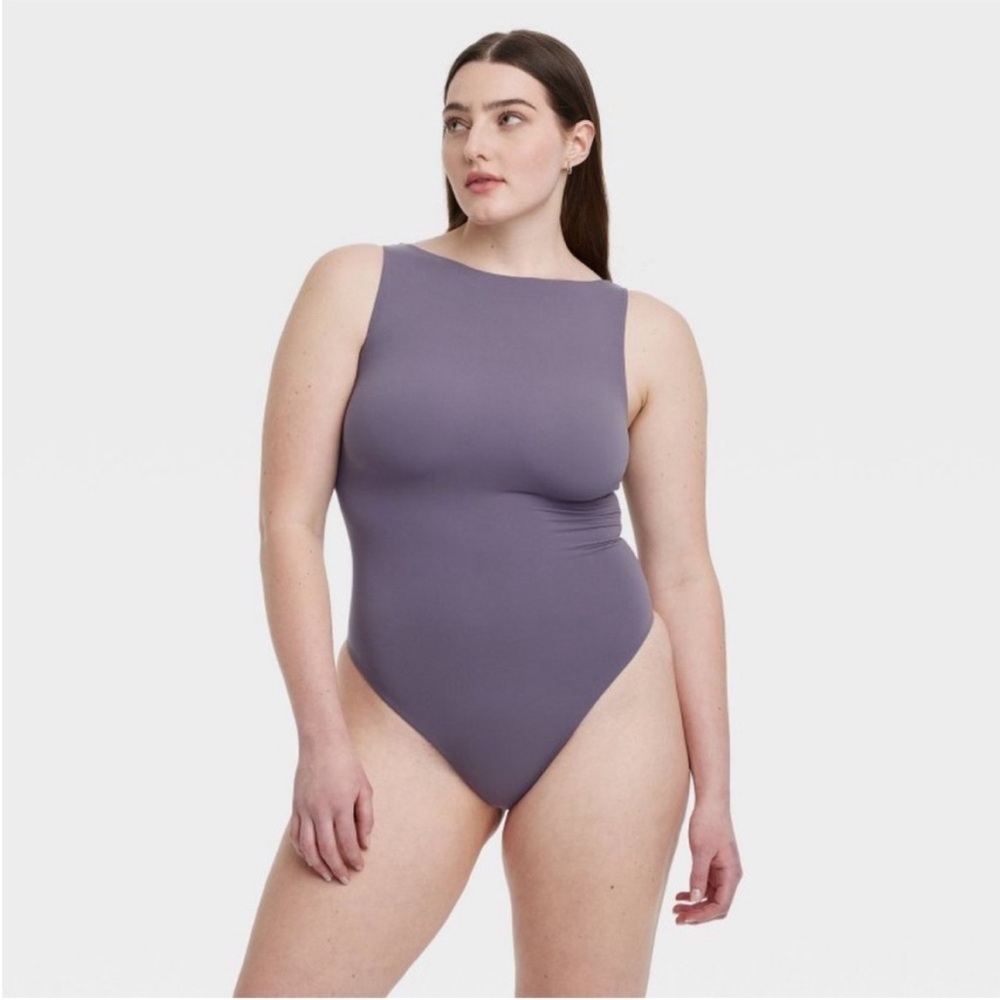 Auden Luxe Stretch High Neck V Back Mauve Gray Thong Bodysuit Var Sizes | NWT - Picture 3 of 11